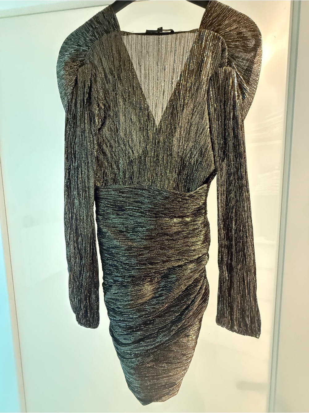 Maje Metallic Gold-Black V-Neck Ruched Long Sleeve Dress